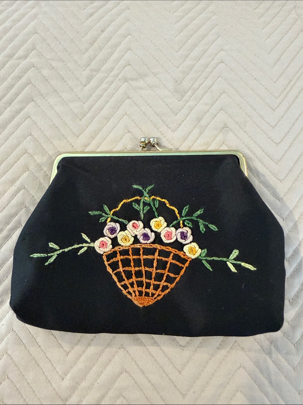 Black Embroidered Floral Basket Pouch-Clutch with Kiss-Lock Closure